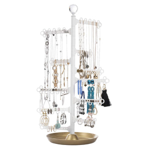 Discover the best all hung up 12 tier extra capacity jewelry organizer holder stand tower tree with dish tray display everything necklaces earrings 110 pairs rings bracelets limited edition gold white