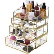 Load image into Gallery viewer, Try hersoo large mirror glass top dresser make up organizer jewelry cosmetic display stackable cube 6 drawers set dresser storage for vanity with lid bathroom accessories brushes container 3drawerg