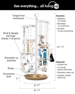Get all hung up 12 tier extra capacity jewelry organizer holder stand tower tree with dish tray display everything necklaces earrings 110 pairs rings bracelets limited edition gold white