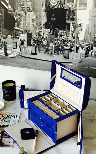 Blu Monaco Royal Blue Leather Mirrored Jewelry Box with Lock Drawers - Portable Jewelry Organizer Lockable - Watch,  Earrings, Ring Security Box  - Travel Jewelry Case
