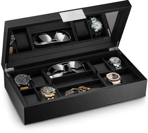 Exclusive glenor co watch and sunglasses box with valet tray for men 14 slot luxury display case organizer black carbon fiber design for mens jewelry watches mens storage holder w large mirror metal buckle