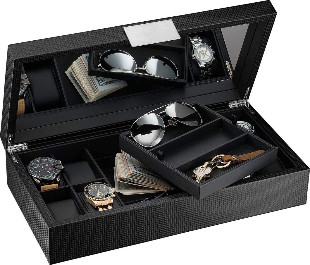 Cheap glenor co watch and sunglasses box with valet tray for men 14 slot luxury display case organizer black carbon fiber design for mens jewelry watches mens storage holder w large mirror metal buckle