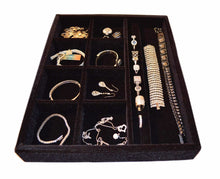 Load image into Gallery viewer, Best seller  jewelry drawer organizer wood and velvet tray for jewels rings necklaces bracelets 10 compartments protects jewelry drawer insertable stackable and durable made in usa black 15x12x2