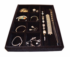 Best seller  jewelry drawer organizer wood and velvet tray for jewels rings necklaces bracelets 10 compartments protects jewelry drawer insertable stackable and durable made in usa black 15x12x2