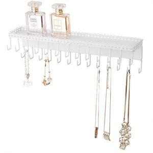 26-Hooks Cosmetics Wall-Mounted Jewelry Organizer with Display Shelf