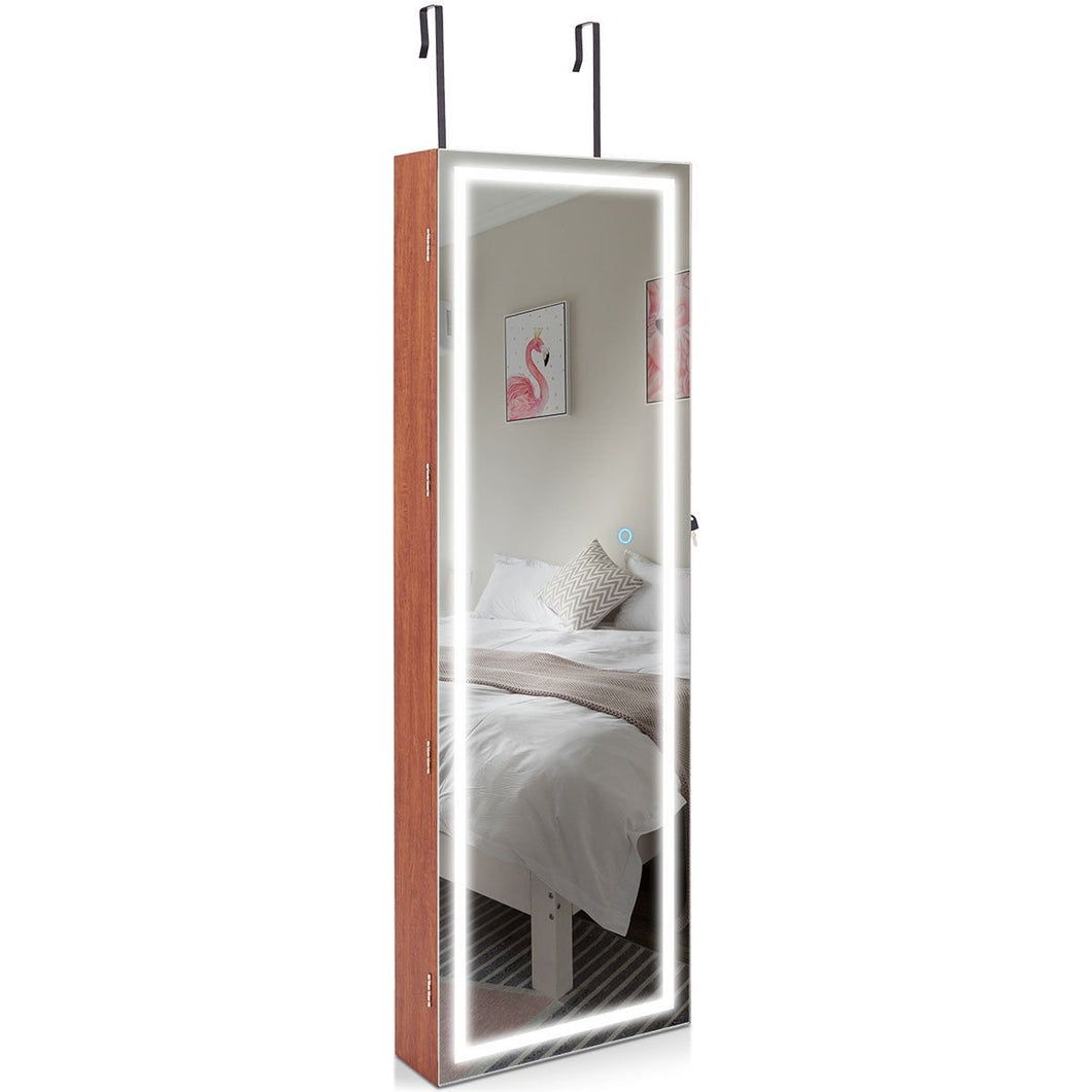 Door Wall Mount Touch Screen Mirrored Jewelry Cabinet-Brown