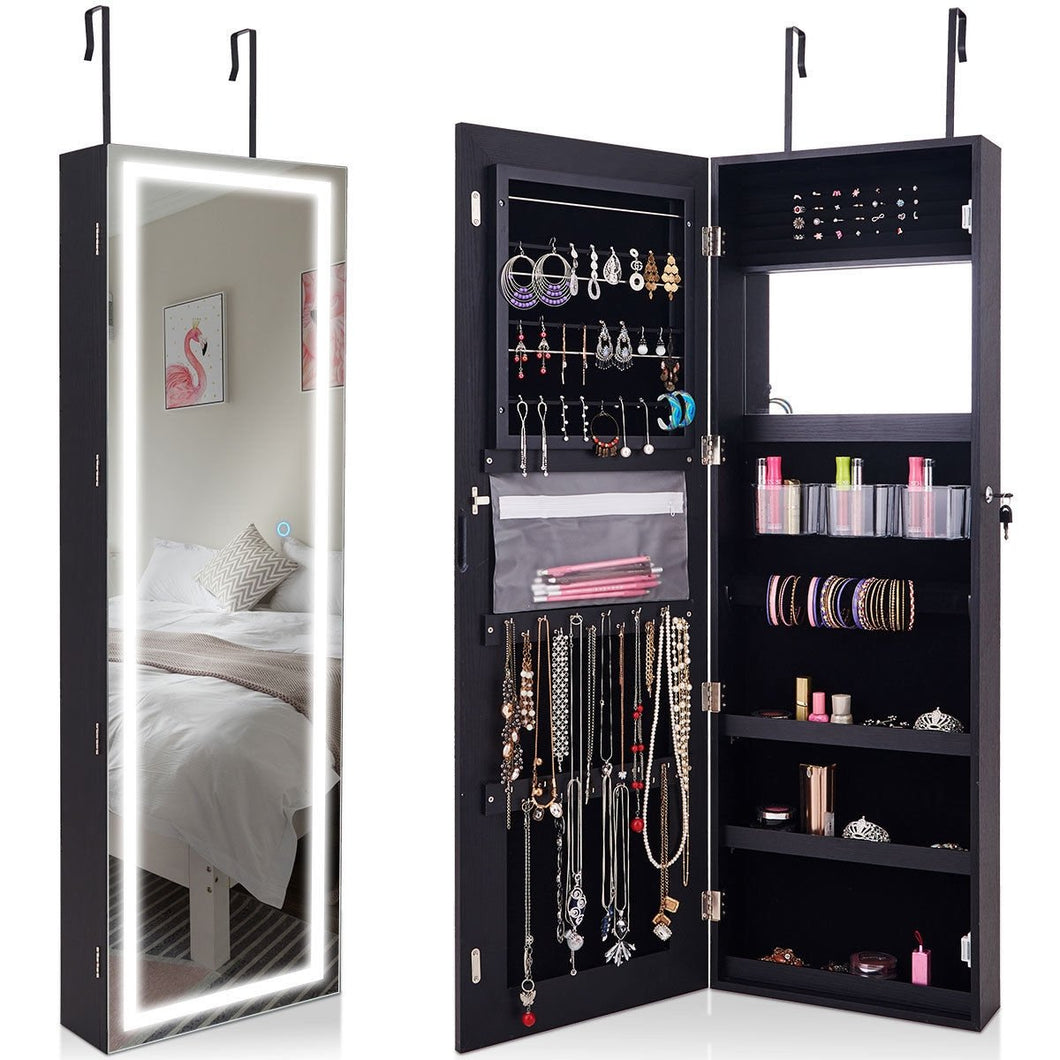 Door Wall Mount Touch Screen Mirrored Jewelry Cabinet-Black