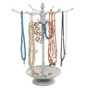 Vintage Whitewashed Metal 12 Hook Jewelry Organizer Rack Stand w/ Ring Dish Tray